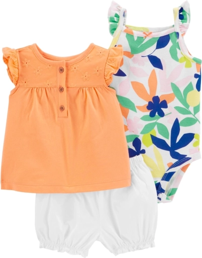 Carter's τρίτεμο σετ για κοριτσάκι Orange Flower (κορμάκι, μπλουζάκι και σορτσάκι) 9 m
