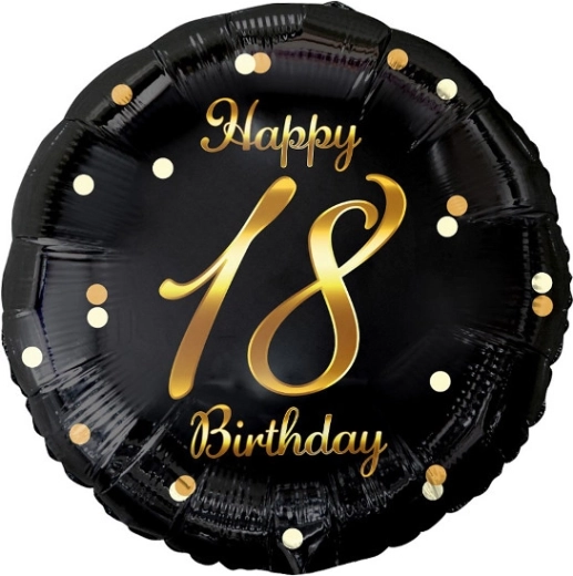 Μπαλόνι αλουμινίου Happy 18th Birthday, μαύρο με χρυσή εκτύπωση
