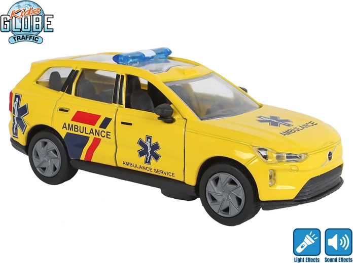Kids Globe Traffic μεταλλικό ασθενοφόρο Volvo EX90 με μηχανισμό pull-back με φως και ήχο 13,5 cm