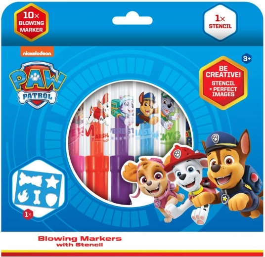 Φυσηχτά μαρκαδοράκια με στένσιλ PAW PATROL, 10 τεμ., κουτί 20 × 19 cm
