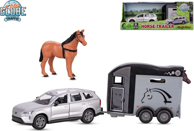 Kids Globe Traffic VOLVO EX90 με τρέιλερ μεταφοράς αλόγων, μεταλλικό μοντέλο 28 cm