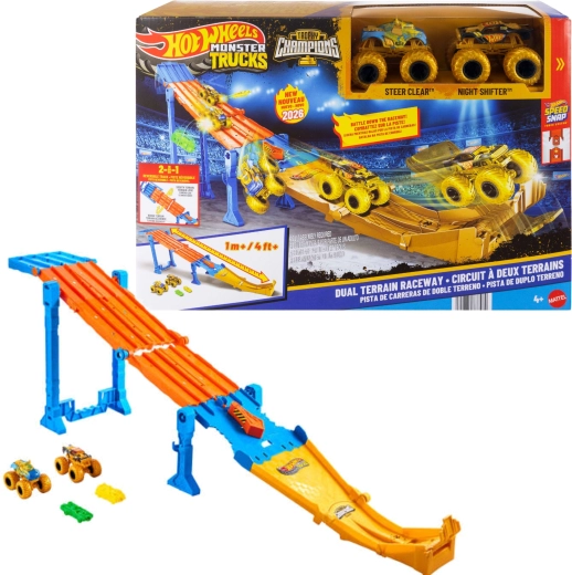 Hot Wheels Monster Trucks πίστα αγώνων 2σε1 Dual Terrain Raceway + 2 monster trucks