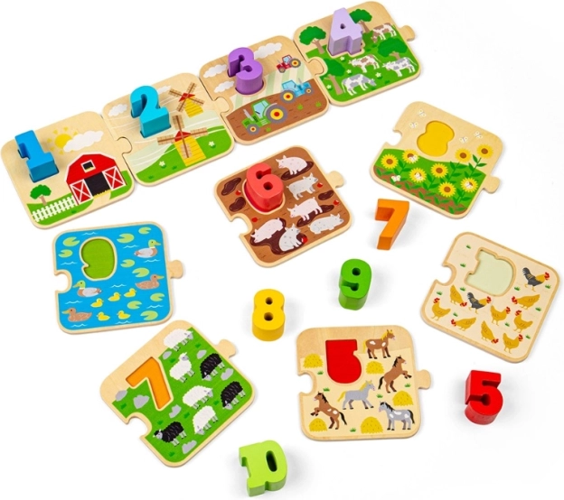 BIGJIGS TOYS ξύλινο παζλ με εικόνες και αριθμούς 1–10 (ζωή στη φάρμα)