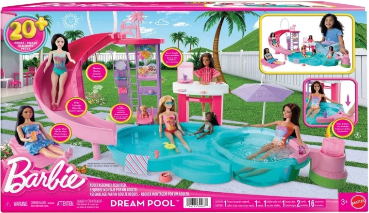 Barbie Πισίνα Ονείρων – σετ παιχνιδιού με τσουλήθρα, υδρομασάζ και snack bar