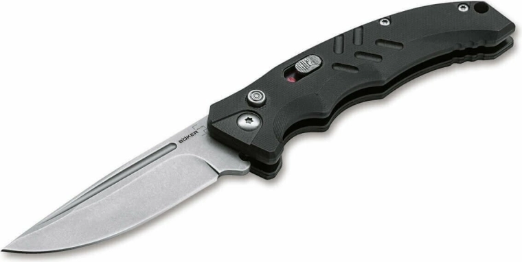 Böker Plus Intention II Black αυτόματο τακτικό μαχαίρι 8 cm με φινίρισμα stonewash και λαβή G10