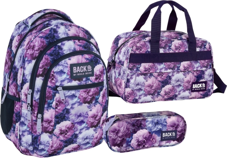 BackUP Violet Bloom οικονομικό σετ 3 σε 1: σχολική τσάντα πλάτης, κασετίνα και αθλητική τσάντα
