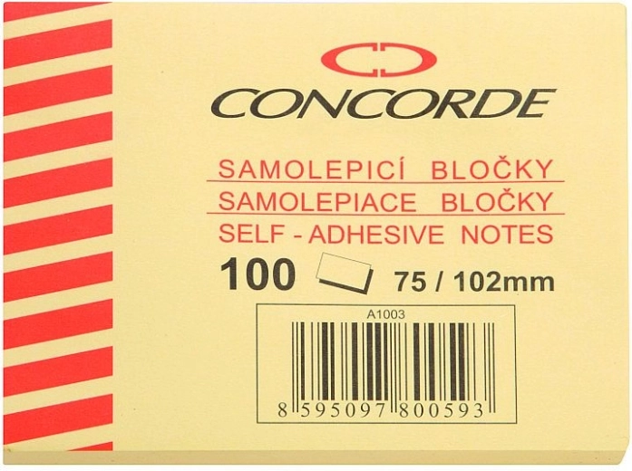 Αυτοκόλλητο μπλοκ σημειώσεων CONCORDE 75 × 102 mm, κίτρινο, 100 φύλλα