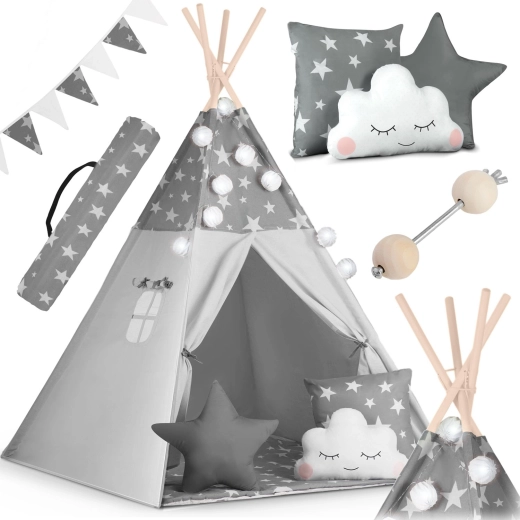 Παιδικό teepee NUKIDO με φωτάκια και γιρλάντα – γκρι με αστεράκια