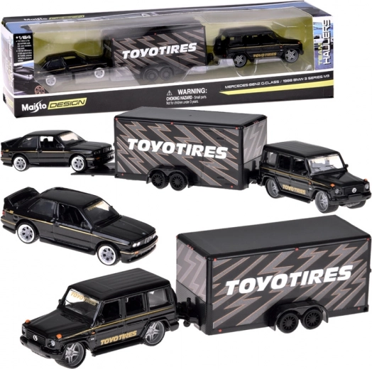 Maisto σετ μεταλλικών μοντέλων 1:64 Mercedes-Benz G (1988) και BMW M3 E30 με τρέιλερ