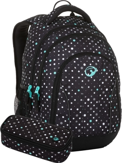 Σετ μαθητικής τσάντας Bagmaster SUPERNOVA 23 A με μαύρο-λευκό-τιρκουάζ σχέδιο με πουά