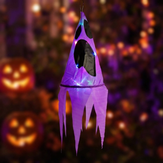 Halloween κρεμαστό φωτεινό διακοσμητικό φάντασμα σε μωβ χρώμα με 10 πολύχρωμα LED