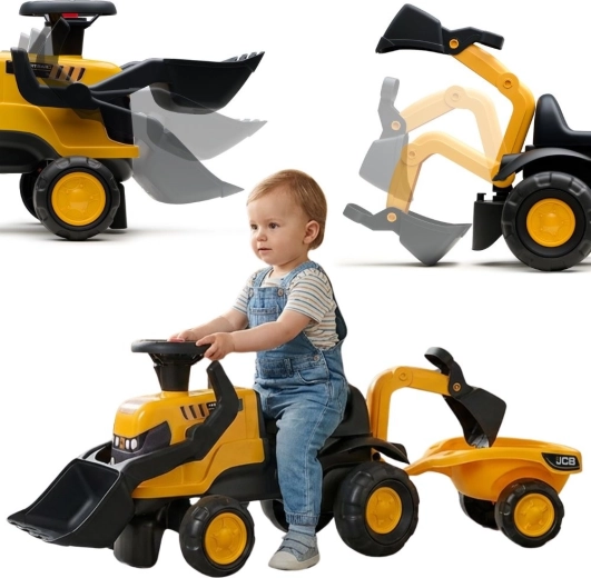 Ποδοκίνητο τρακτέρ JCB με τρέιλερ, φτυαράκι και τσουγκράνες για παιδιά 1–3 ετών