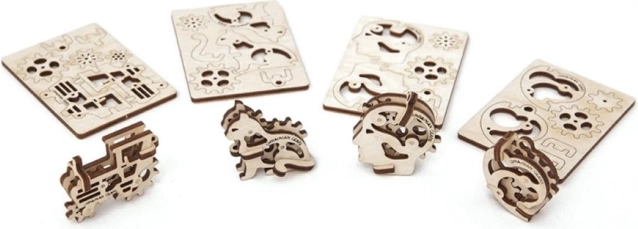 Ugears 3D μηχανικό ξύλινο παζλ – 4 μηχανικά μπρελόκ Σύμβολα χαρακτήρων