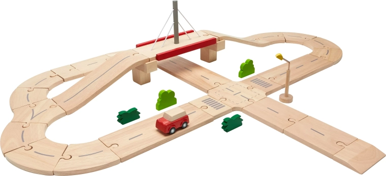 Ξύλινη πίστα αυτοκινήτων με γέφυρα PlanToys