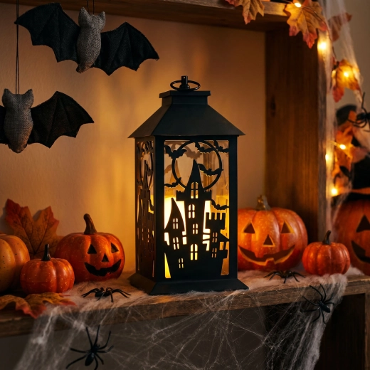 Τρεμοπαίζον φανάρι Halloween με κάστρο, με μπαταρίες