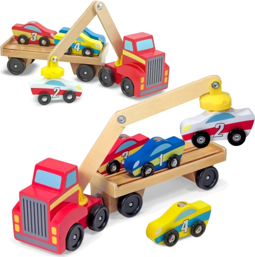 Melissa & Doug ξύλινη νταλίκα οδικής βοήθειας με μαγνητικό γερανό και αυτοκινητάκια