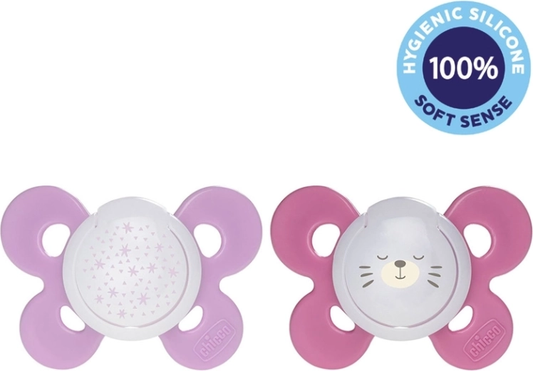 Chicco πιπίλα Physio Comfort νυχτερινή σιλικόνης 16–36 μ., κορίτσι, αστέρια και αρκουδάκι, 2 τεμ.