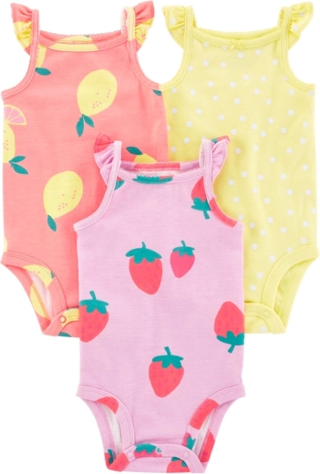 CARTER'S παιδικά κορμάκια με τιράντες Dots Fruit για κορίτσια 3 τεμ. – NB/μ. 56