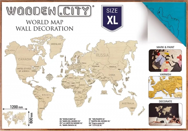 Ξύλινος παγκόσμιος χάρτης 3D για τοίχο XL – φυσικό τυρκουάζ