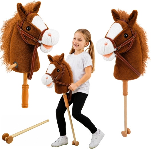 Hobby horse σε ραβδί με ξύλινη λαβή, ήχοι καλπασμού και χλιμιντρίσματος, καφέ 100 cm