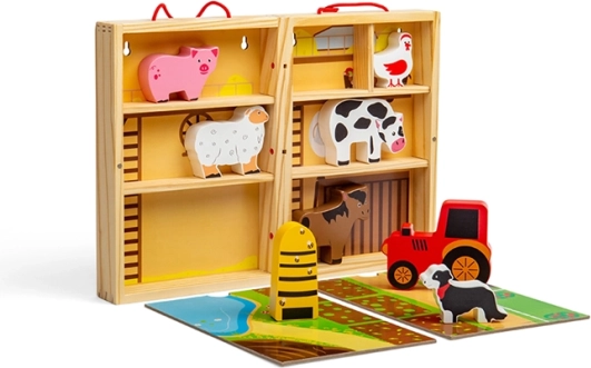 Bigjigs Toys φορητή ξύλινη φάρμα σε κουτί με ζωάκια και τρακτέρ