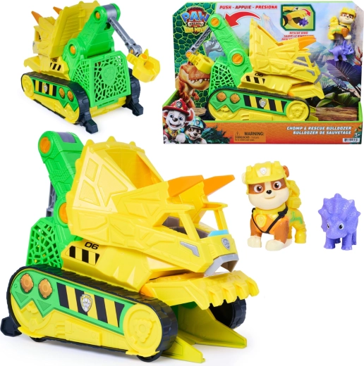 Spin Master Paw Patrol στην ταινία – διάσωση δεινοσαύρων: Μπουλντόζα Chomp & Rescue του Rubble 23 cm με φιγούρες