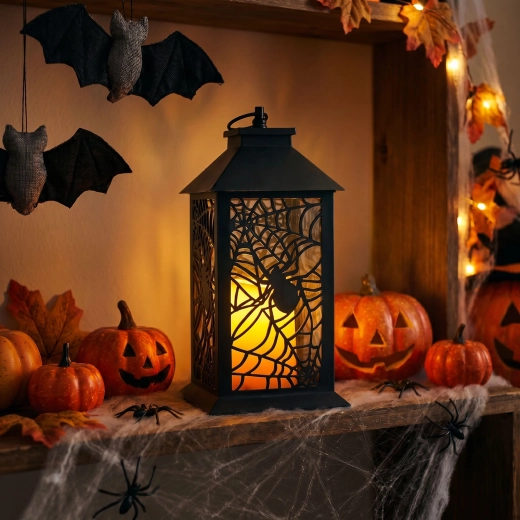 Αναβοσβήνουσα LED φανάρι Halloween με αράχνη, με μπαταρίες