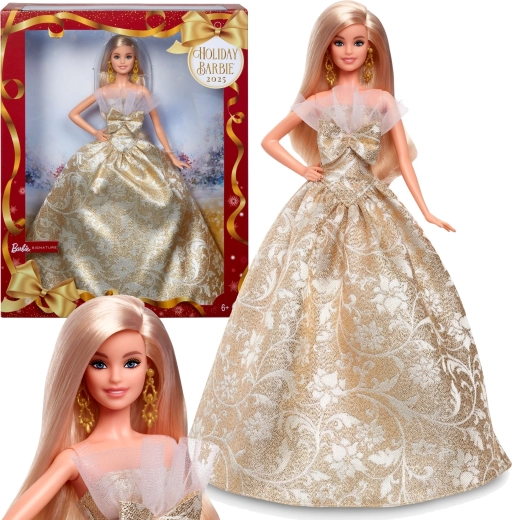 Συλλεκτική κούκλα Barbie Signature Holiday Joyeux Noel με χρυσόλευκο φόρεμα