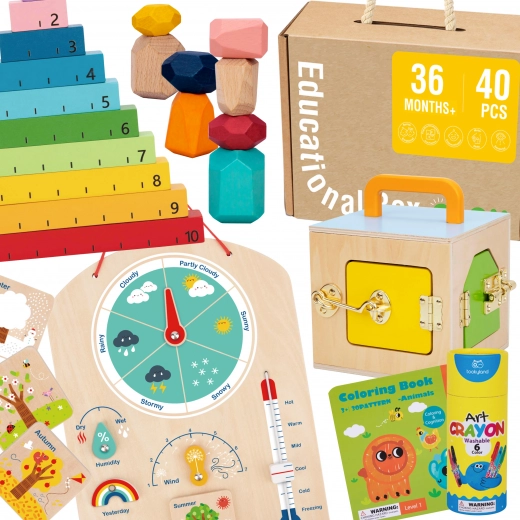 Tooky Toy εκπαιδευτικό κουτί Montessori 6σε1: κουτί με κλειδαριές, πέτρες ισορροπίας, πίνακας καιρού, μέτρηση 1–10, ζωγραφική και βιβλιαράκι