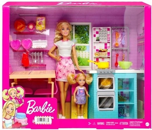 Barbie και Chelsea σετ για κοινό ψήσιμο με κουζινάκι και τραπεζάκι φαγητού