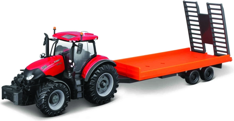 Τρακτέρ φάρμας Bburago με ρυμουλκούμενο 10 cm – CASE IH Optum CVX 300 με χαμηλοδάπεδο τρέιλερ