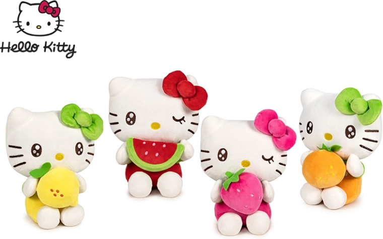 Λούτρινη φιγούρα Hello Kitty με φρούτο, 16 cm, καθιστή (4 παραλλαγές)