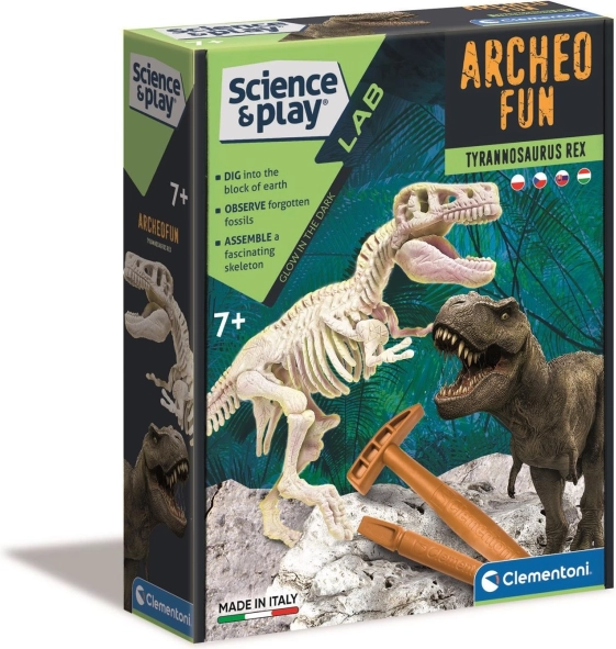 Clementoni Science & Play Archeo Fun: τυραννόσαυρος ρεξ – αρχαιολογικό σετ με φωσφορίζοντα σκελετό