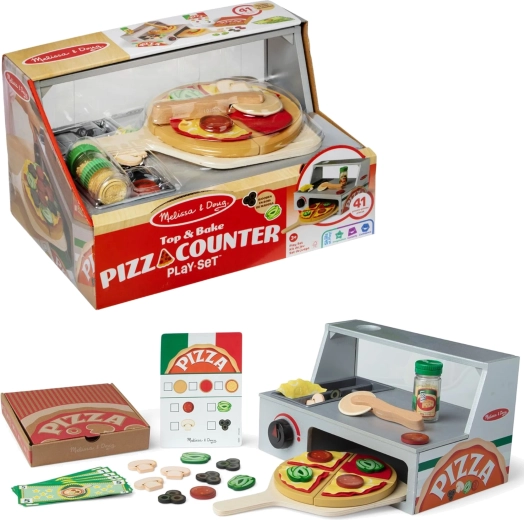 Melissa & Doug ξύλινη πιτσαρία – πάγκος πίτσας με φούρνο και αξεσουάρ (41 τεμ.)
