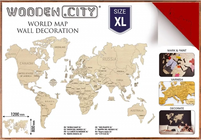 Ξύλινος παγκόσμιος χάρτης XL 120 × 80 cm κόκκινος WOODEN CITY