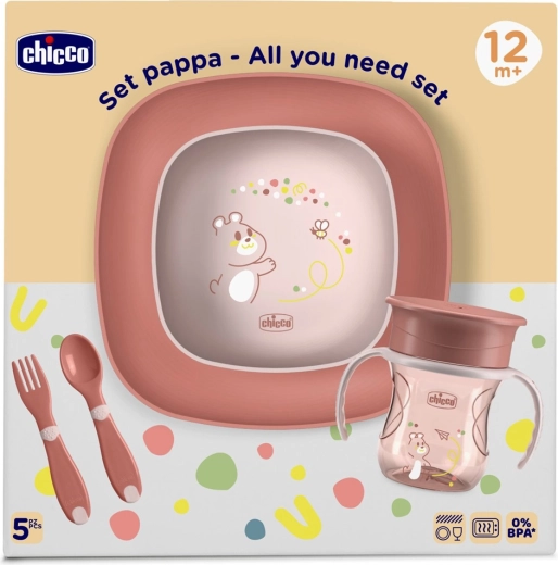 Chicco σετ φαγητού για παιδιά με κύπελλο 360° ροζ 12m+