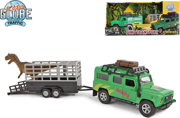 Kids Globe Traffic όχημα εκτός δρόμου LAND ROVER με ρυμουλκούμενο και δεινόσαυρο 28 cm, μέταλλο, με μηχανισμό pull-back