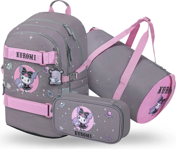 Σετ Baagl 3 Skate Kuromi Grey – σχολική τσάντα πλάτης, κασετίνα και αθλητική τσάντα (GRS)