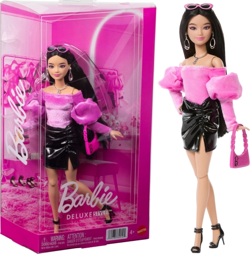 Mattel Barbie Deluxe Style μοντέρνα κούκλα μόδας σε ροζ και μαύρο με αξεσουάρ