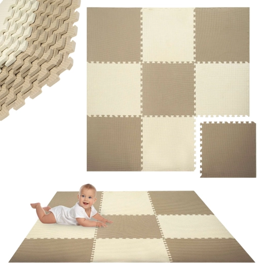 Αφρώδες χαλάκι HUMBI 180 × 180 cm – αδιάβροχο παζλ από αφρό EVA, κρεμ και μπεζ, 9 τεμάχια