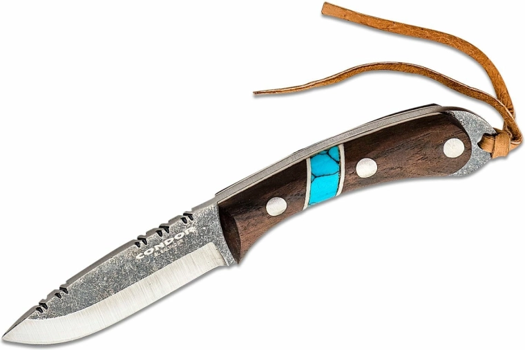 Μαχαίρι λαιμού CONDOR Blue River με σταθερή λάμα 5,9 cm, ξύλο καρυδιάς, τιρκουάζ, δερμάτινη θήκη