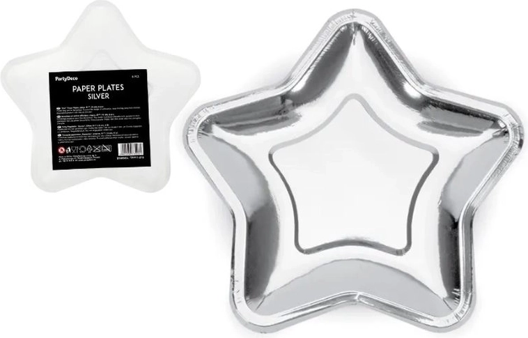 Χάρτινα πιάτα σε σχήμα αστεριού ασημί 18 cm (6 τεμ.)