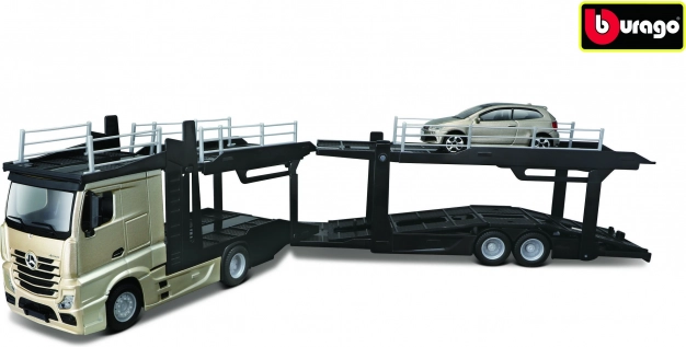 Bburago Street Fire φορτηγό με ρυμουλκούμενο Multicar Carrier Mercedes‑Benz Actros + VW Polo GTI 1:43