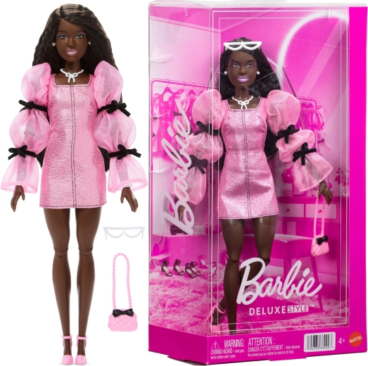 Mattel Barbie Deluxe Style μοδάτη κούκλα σε ροζ-μαύρο σύνολο με αξεσουάρ