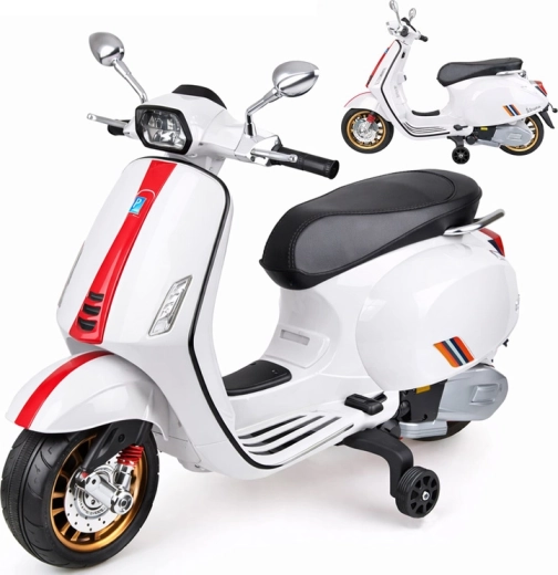 Παιδικό ηλεκτρικό σκούτερ VESPA με βοηθητικές ρόδες και πολυμέσα – Λευκό