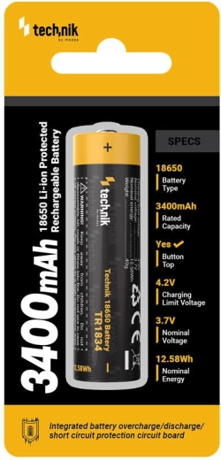 Επαναφορτιζόμενη μπαταρία Li‑Ion 18650 3400 mAh 3,7 V με προστασία Technik