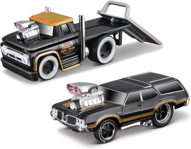 Maisto Muscle Transports 1966 Chevrolet C60 Flatbed με 1970 Oldsmobile Vista Cruiser 1:64