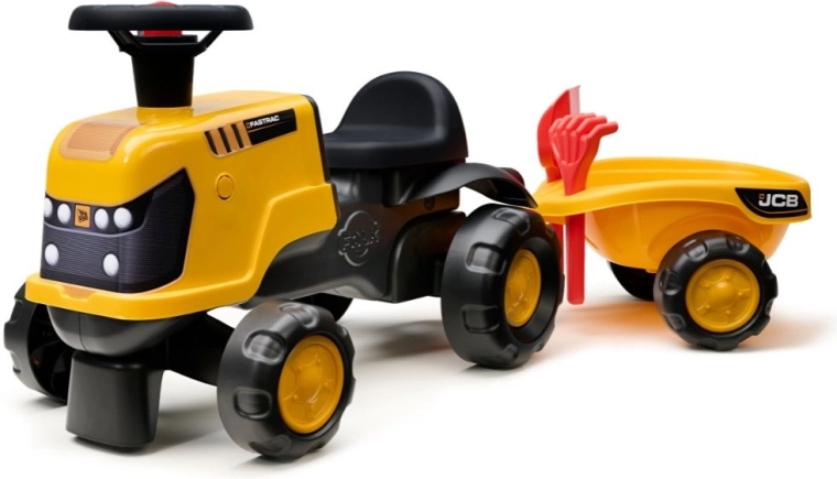 Περπατούρα τρακτέρ JCB Fastrac με ρυμουλκούμενο, φτυαράκι και τσουγκράνες 1–3 ετών