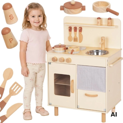 Ξύλινη παιδική κουζίνα μπεζ με αξεσουάρ TOOKY TOY