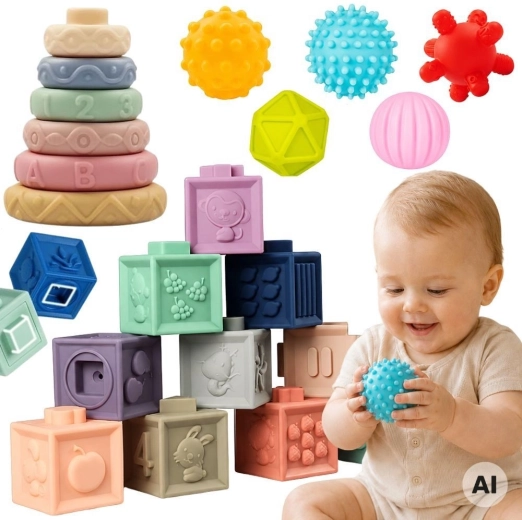 Woopie Baby μαλακά αισθητηριακά κυβάκια και μασητικά – σετ 23 τεμ.